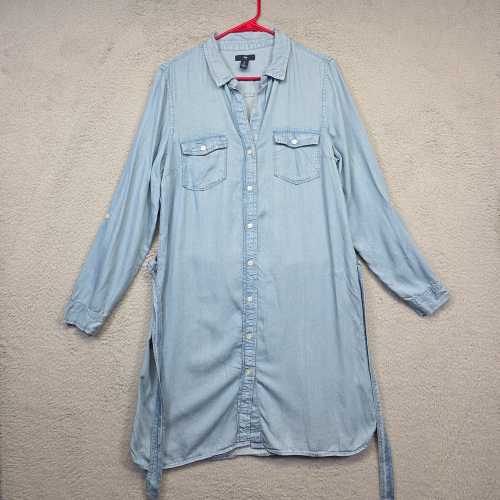 Gap Shirt Dress Womens L Blue Long Sleeve Button Up Waist‎ Tie Chambray Tunic